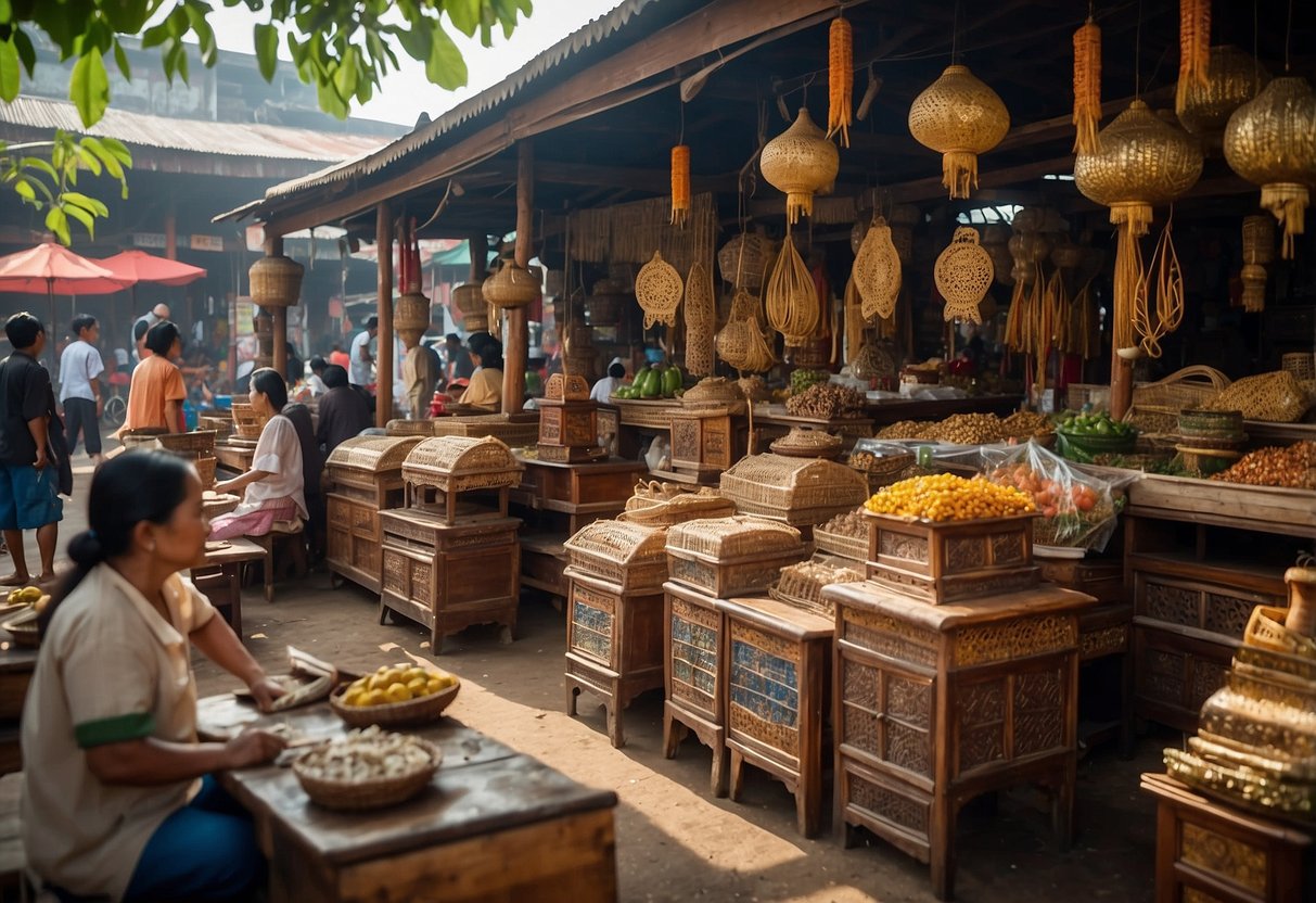 Vibrant market stalls display traditional Asian furniture in Pangkalpinang, surrounded by bustling community activities and cultural highlights