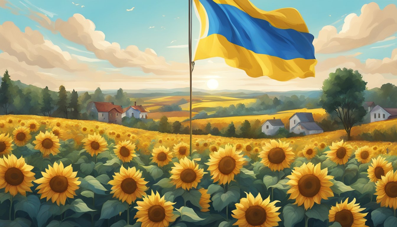 A vibrant sunflower field with a Ukrainian flag waving proudly in the wind, surrounded by a community coming together in support and solidarity