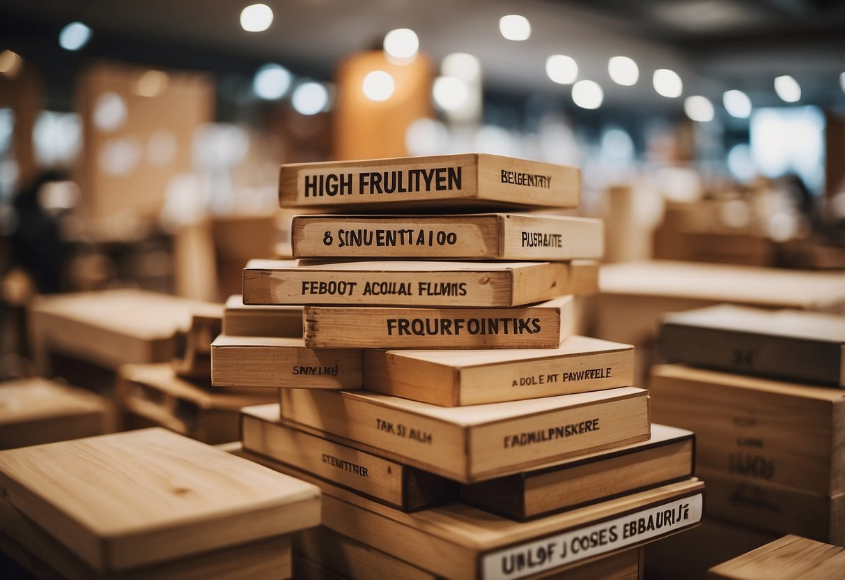 A stack of wooden furniture with "Frequently Asked Questions" signage in a bustling Asia furniture store in Pangkalpinang