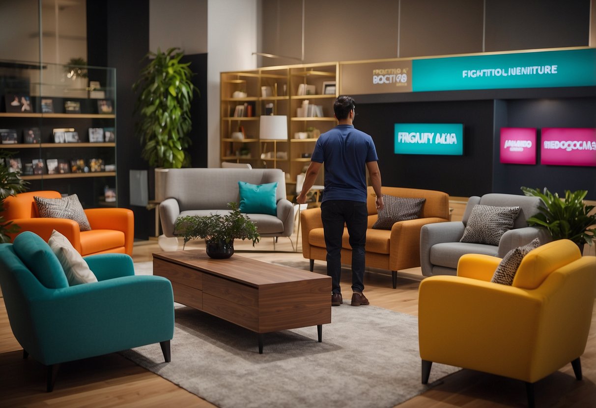 A customer browsing through a colorful display of furniture with a sign reading "Frequently Asked Questions arturo furniture malaysia" in the background