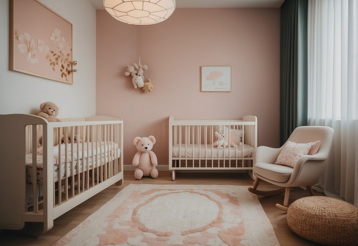 A cozy baby nursery in Singapore with a crib, changing table, and rocking chair. Soft pastel colors and cute animal-themed decor complete the space