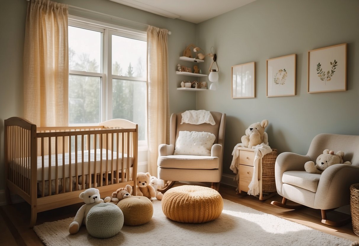 A cozy nursery with a crib, changing table, and rocking chair by a sunny window, adorned with soft blankets and stuffed animals