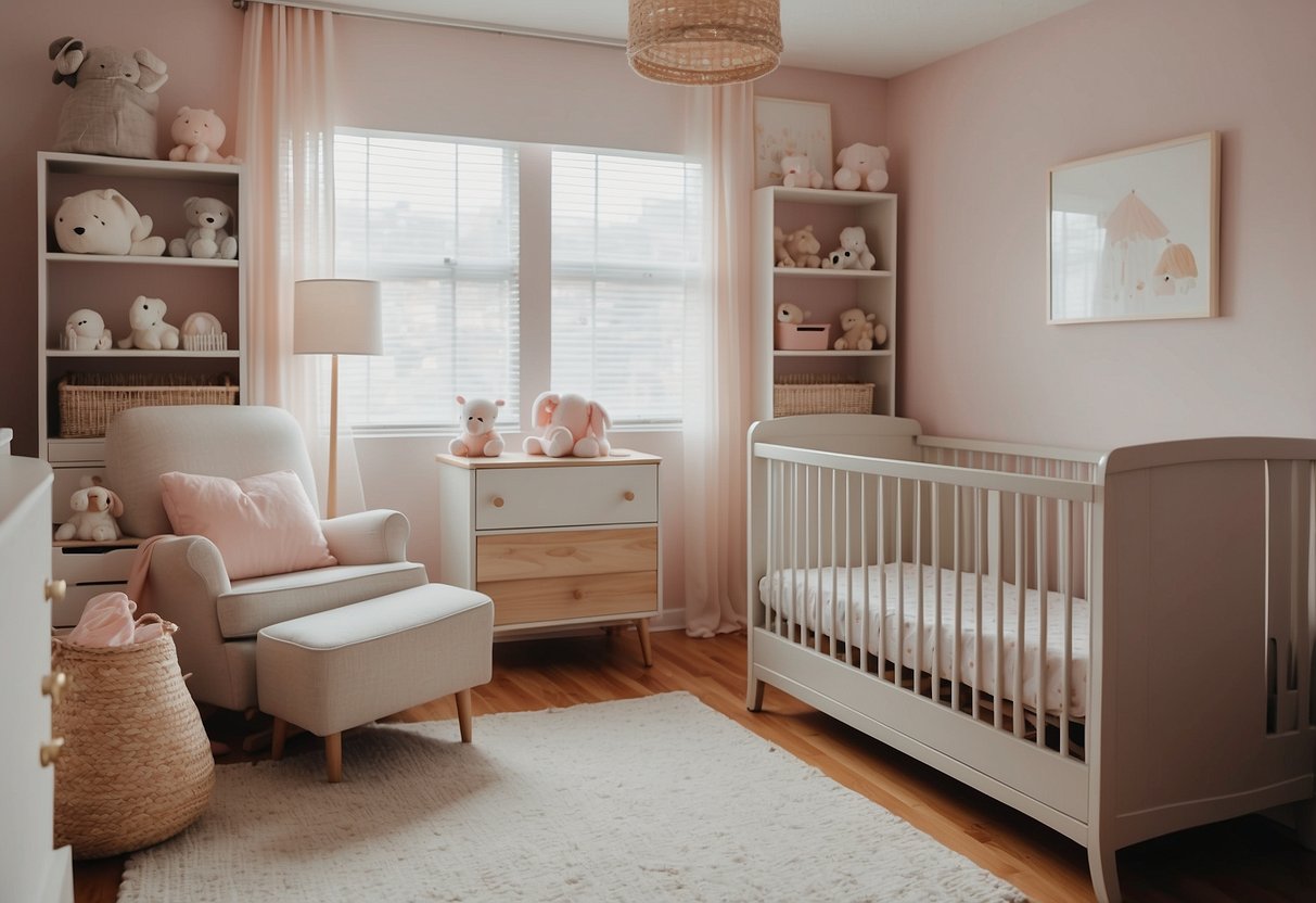 A cozy nursery with modern baby furniture, soft pastel colors, and a variety of storage options. A crib, changing table, and rocking chair create a welcoming space for new parents