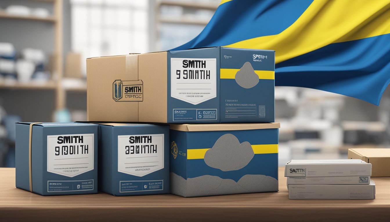 A package labeled "Smith Optics" sits on a shipping desk, with a Ukraine flag sticker attached