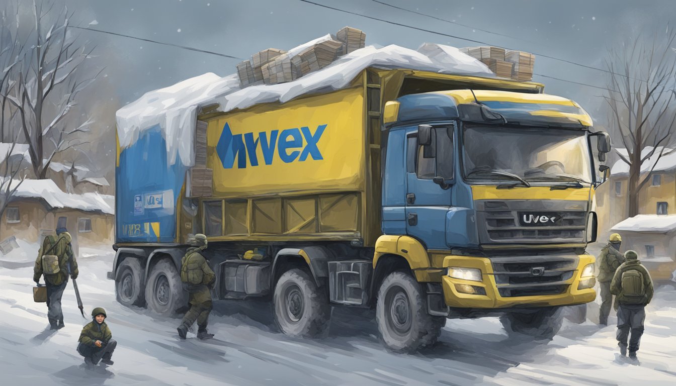 Uvex supports Ukraine with humanitarian efforts and donations. A scene could depict a delivery of supplies to a Ukrainian community in need