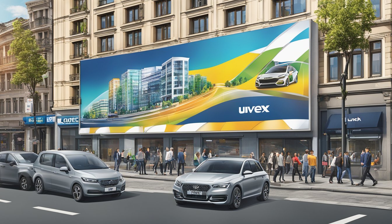 Uvex logo on a billboard in a bustling Ukrainian city, with people and businesses thriving, showcasing economic impact and support