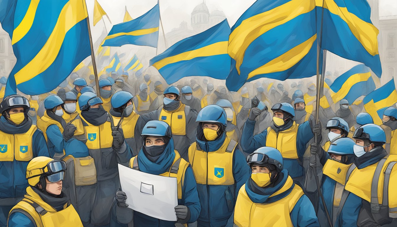 A group of people holding signs and banners with messages of support for Ukraine, while wearing Uvex branded clothing and safety gear