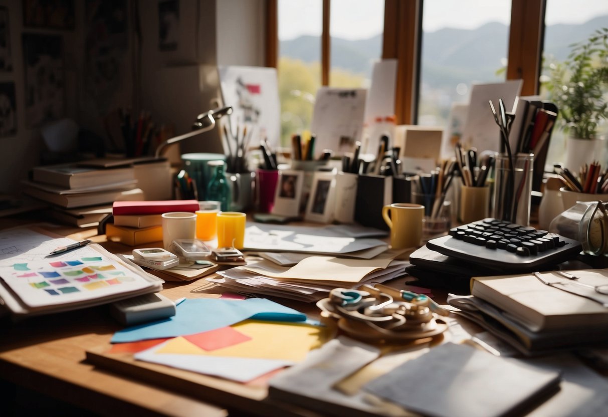 A cluttered desk with scattered sketches, color swatches, and product samples. A window lets in natural light, illuminating the creative chaos