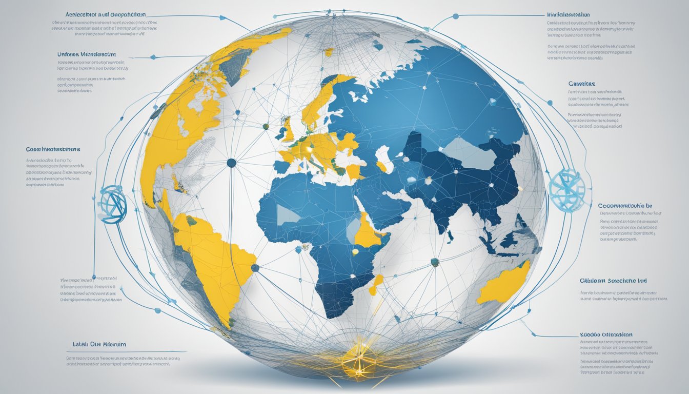 Julbo's values and mission depicted through a globe with Ukraine highlighted and supported by a network of interconnected lines and symbols