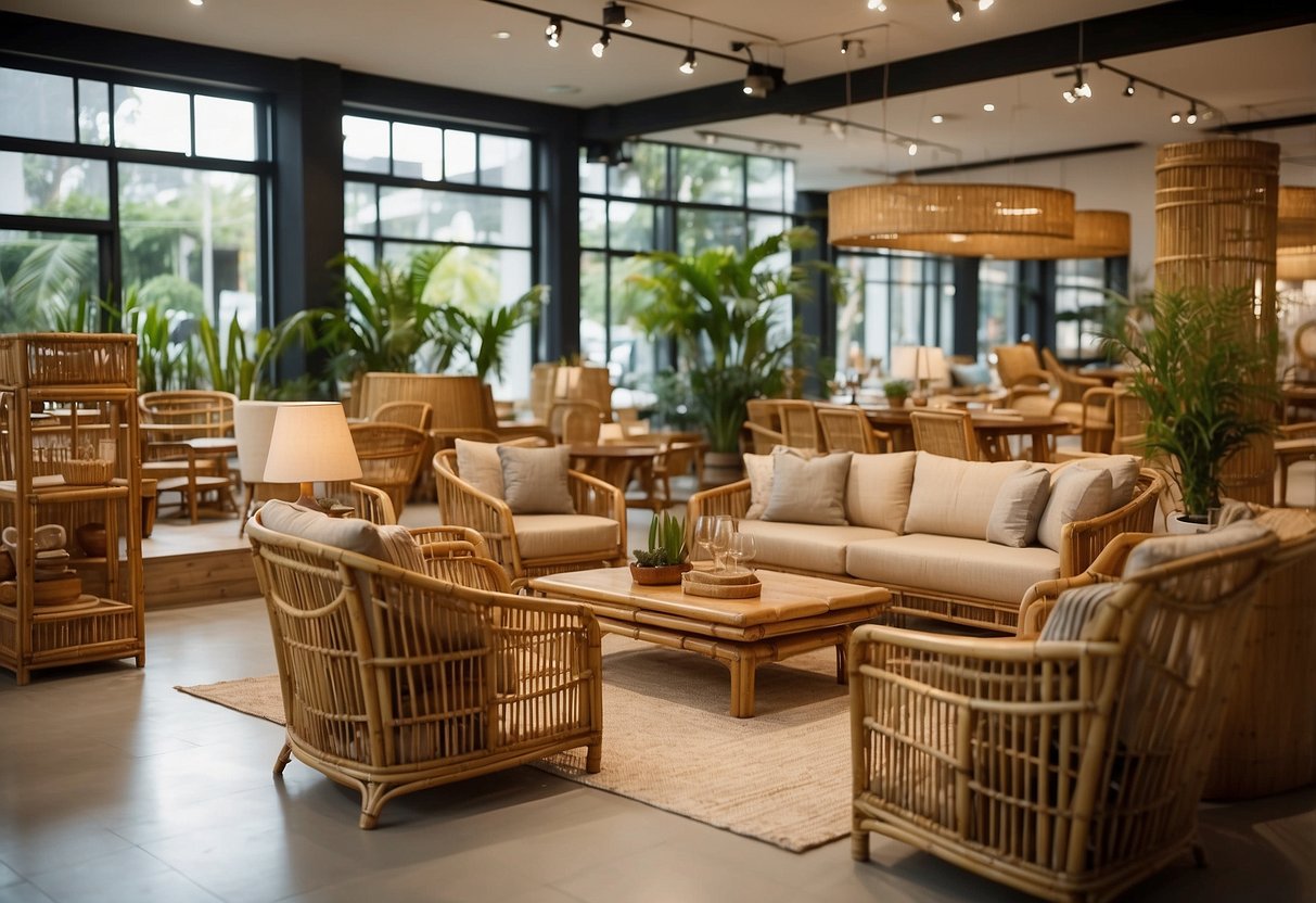 A bamboo furniture shop with various pieces displayed in a well-lit showroom. The shop sign is prominently displayed, and customers can be seen browsing the selection