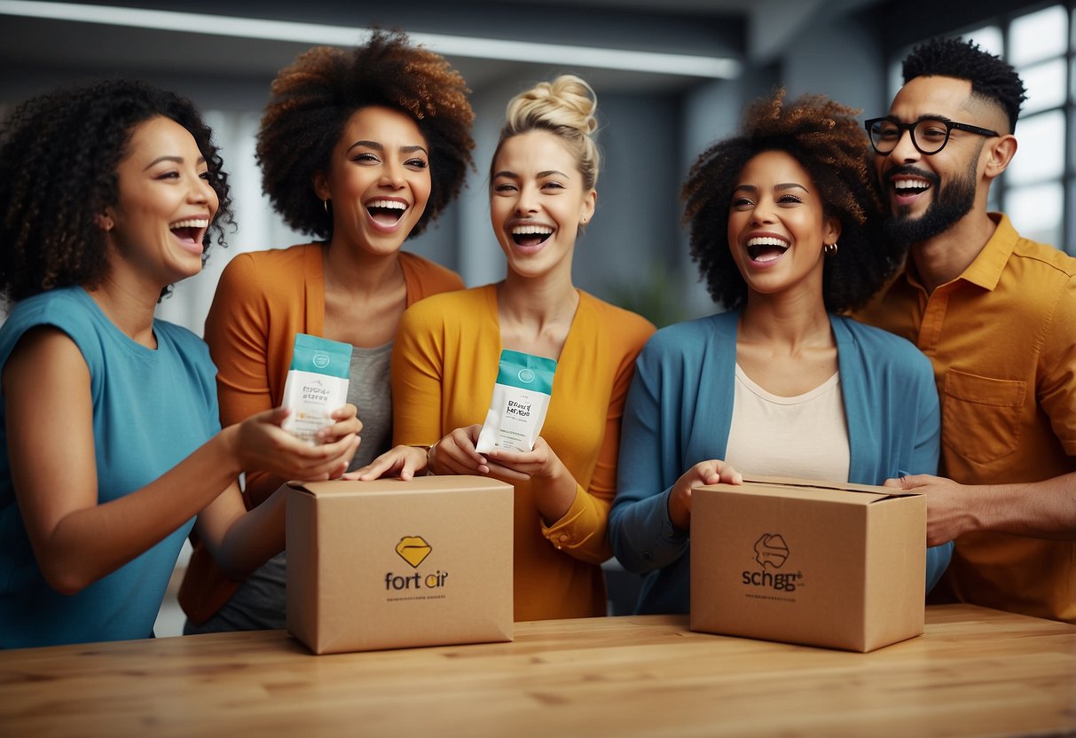 A group of diverse people react positively to a product's packaging, showing excitement and interest. The design is modern and eye-catching, with bold colors and clear messaging