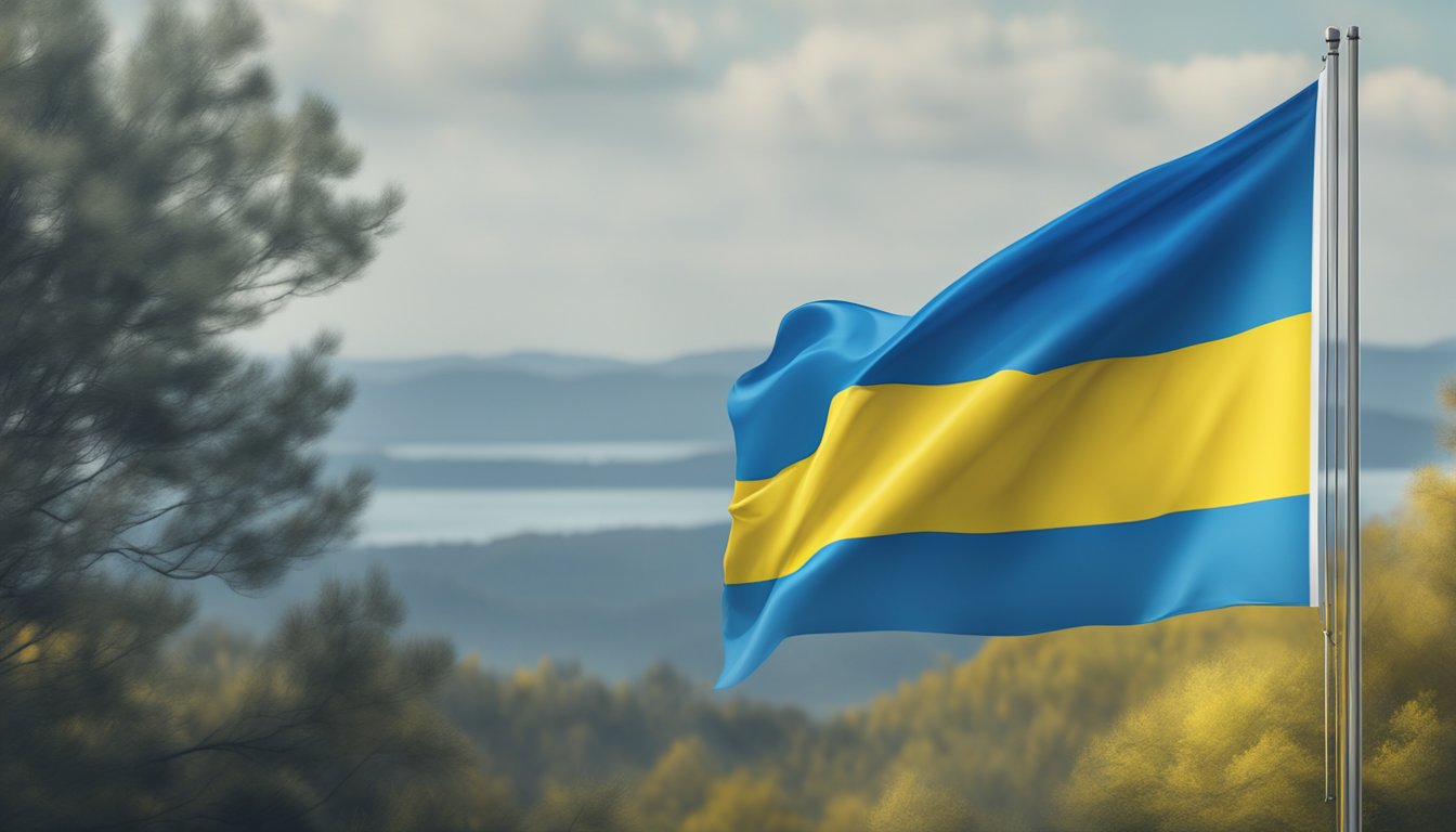 A flag of Ukraine waving in the wind with an Oakley logo nearby