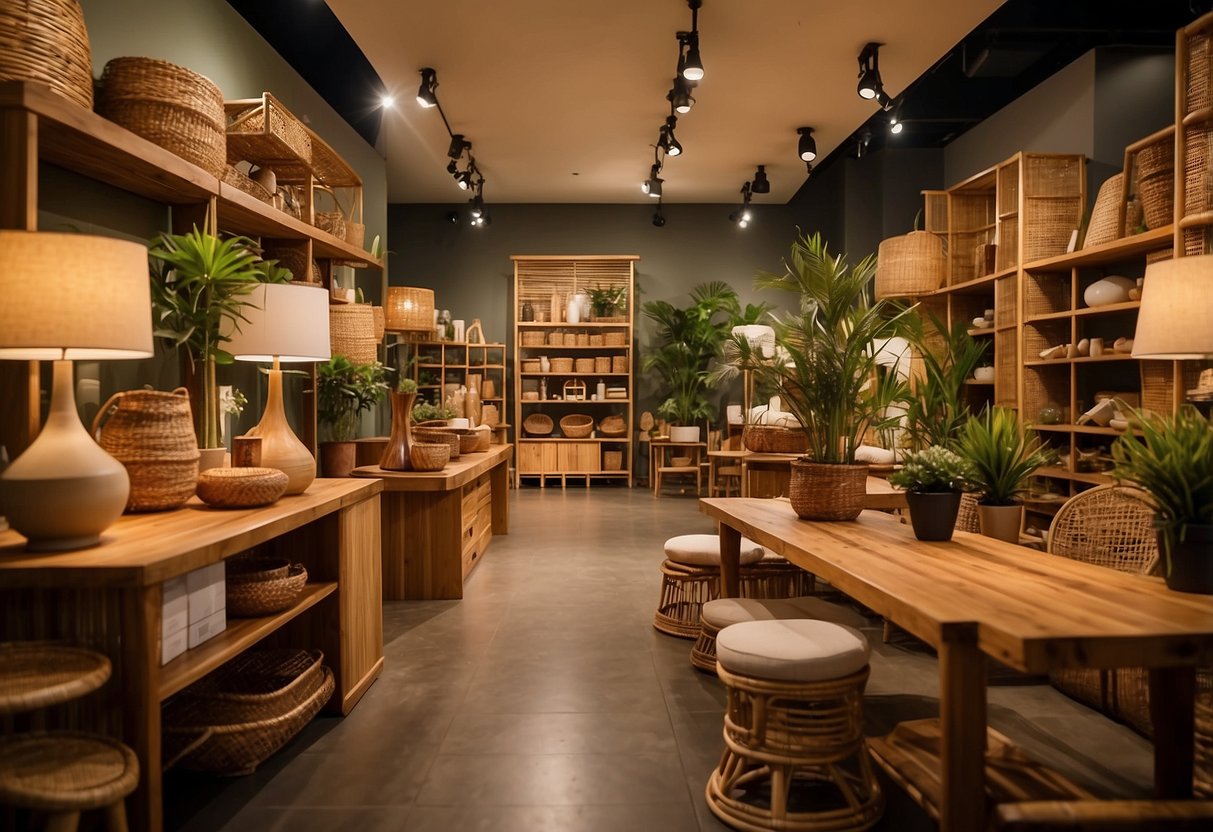 Customers browse bamboo furniture in a cozy shop with warm lighting and natural decor. Shelves display various pieces, while a friendly staff member assists a shopper