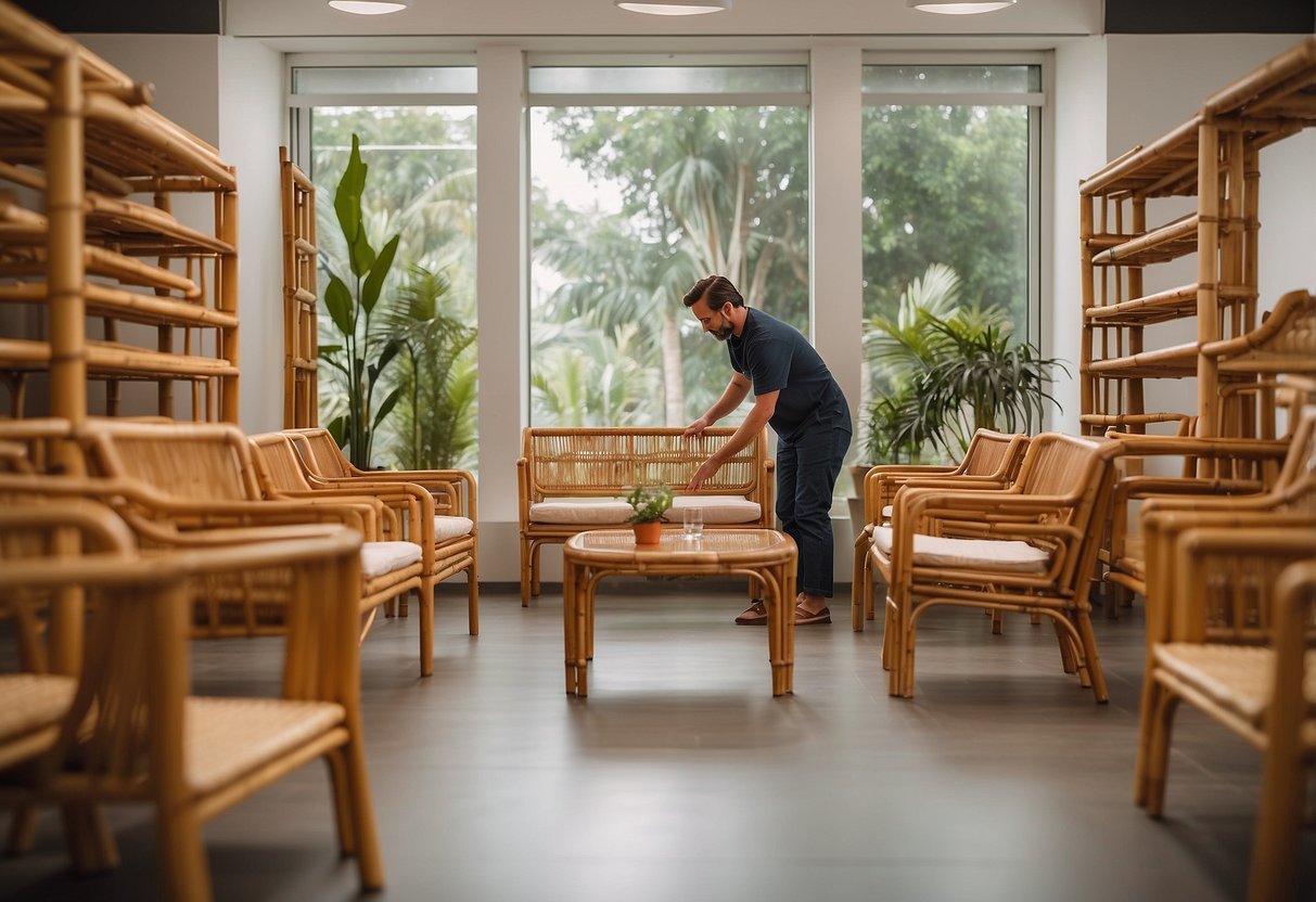 A person carefully arranging bamboo furniture in a well-lit showroom. Displayed pieces include chairs, tables, and shelves, showcasing the shop's dedication to quality and craftsmanship
