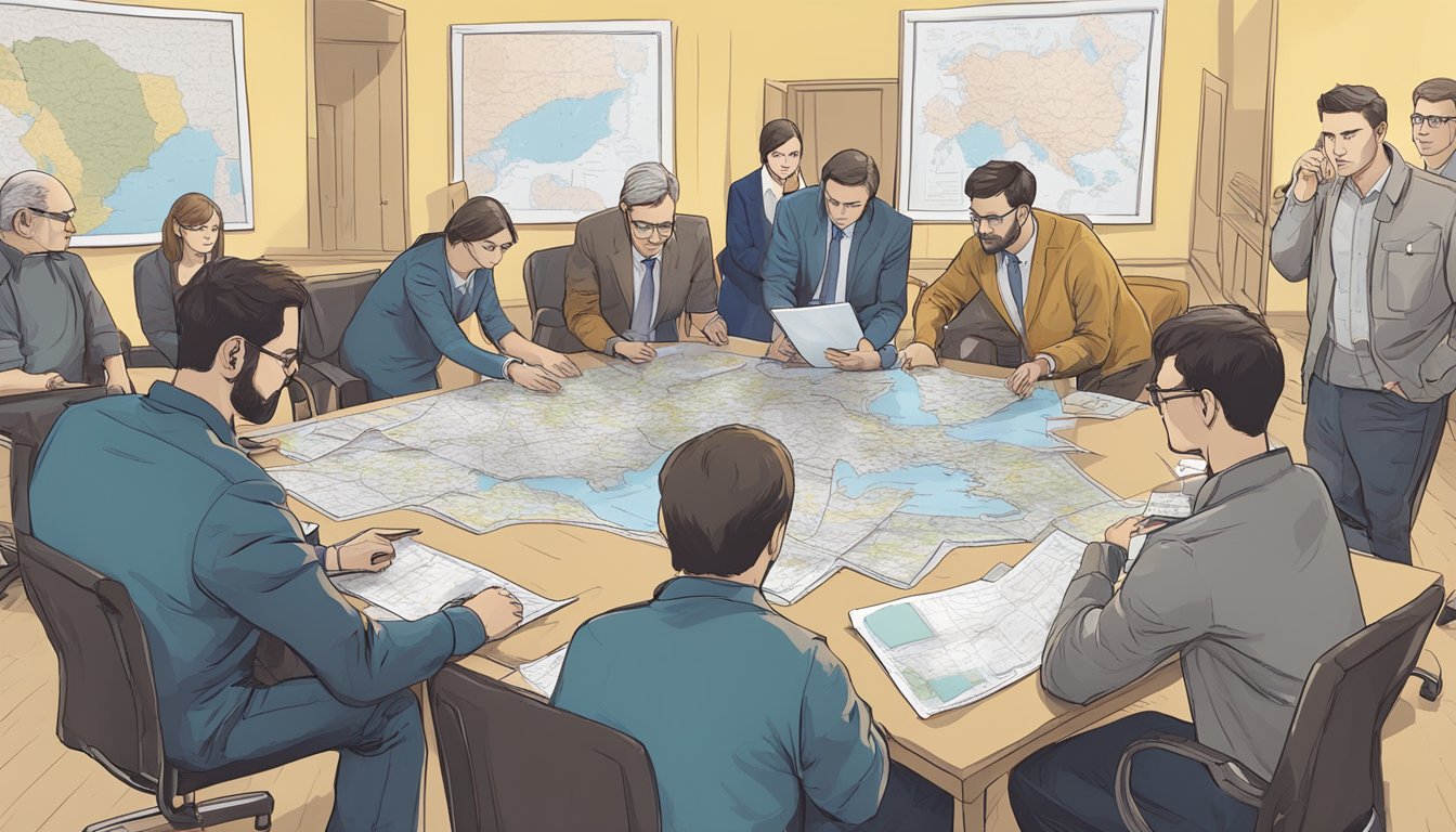 A group of people gather around a table with a map of Ukraine, discussing public and political outreach. Documents and laptops are scattered around as they engage in a serious conversation