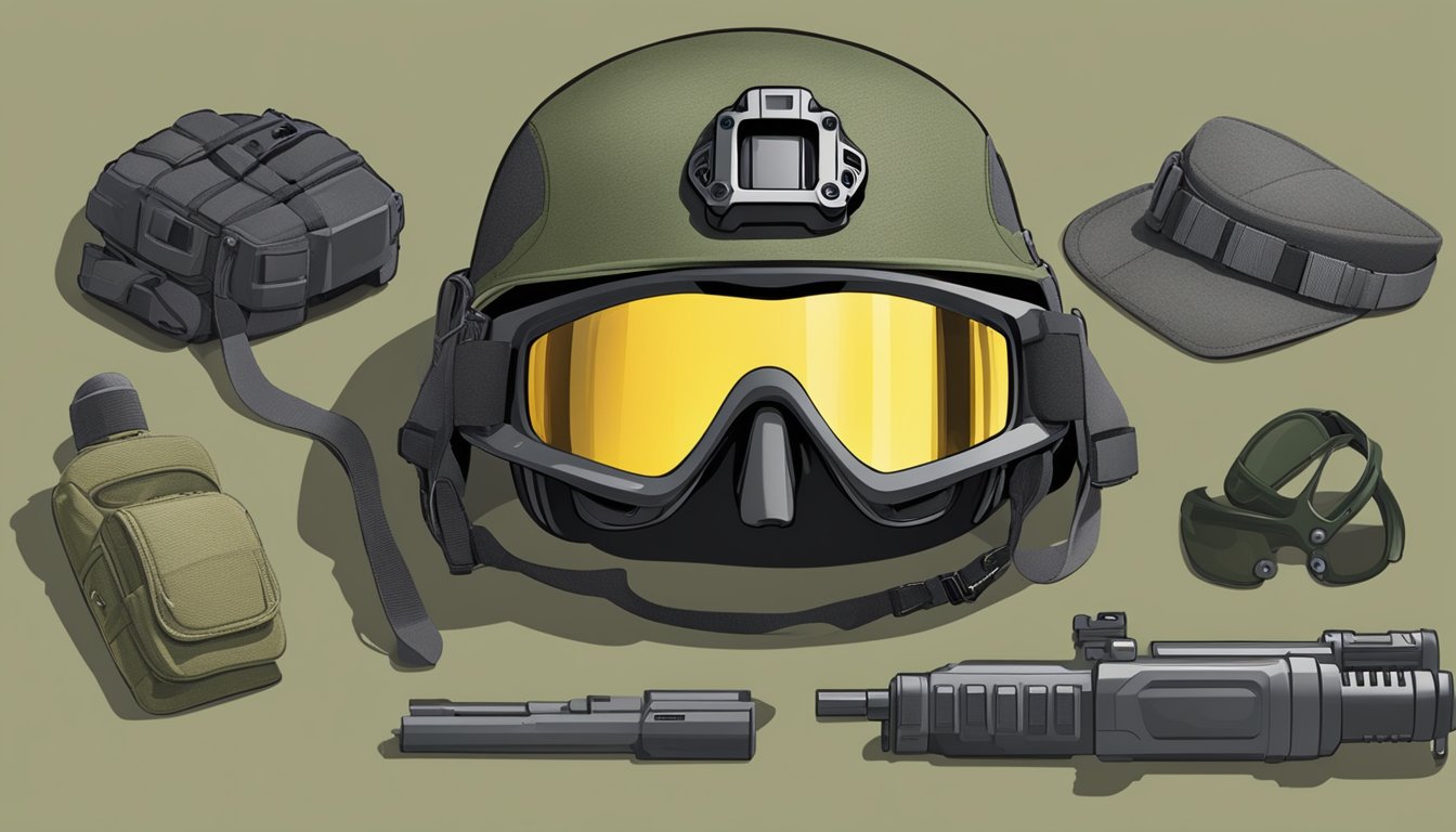 Oakley's Role in Defense and Combat Preparedness: A rugged pair of Oakley sunglasses sits atop a military-grade helmet, surrounded by tactical gear and weaponry