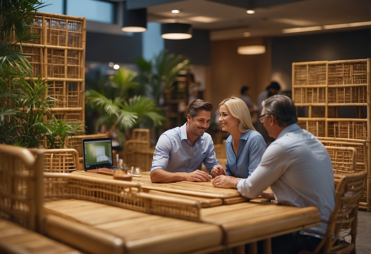 Customers browsing through neatly displayed bamboo furniture, while a helpful employee assists a client with their questions