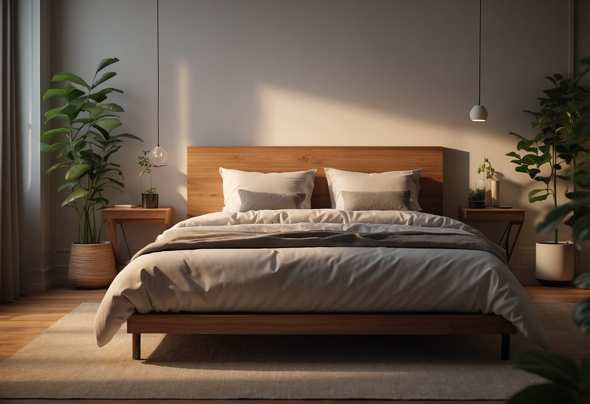 A neatly made bed with a wooden bedside table and a lamp. The table has a few books and a small potted plant on top