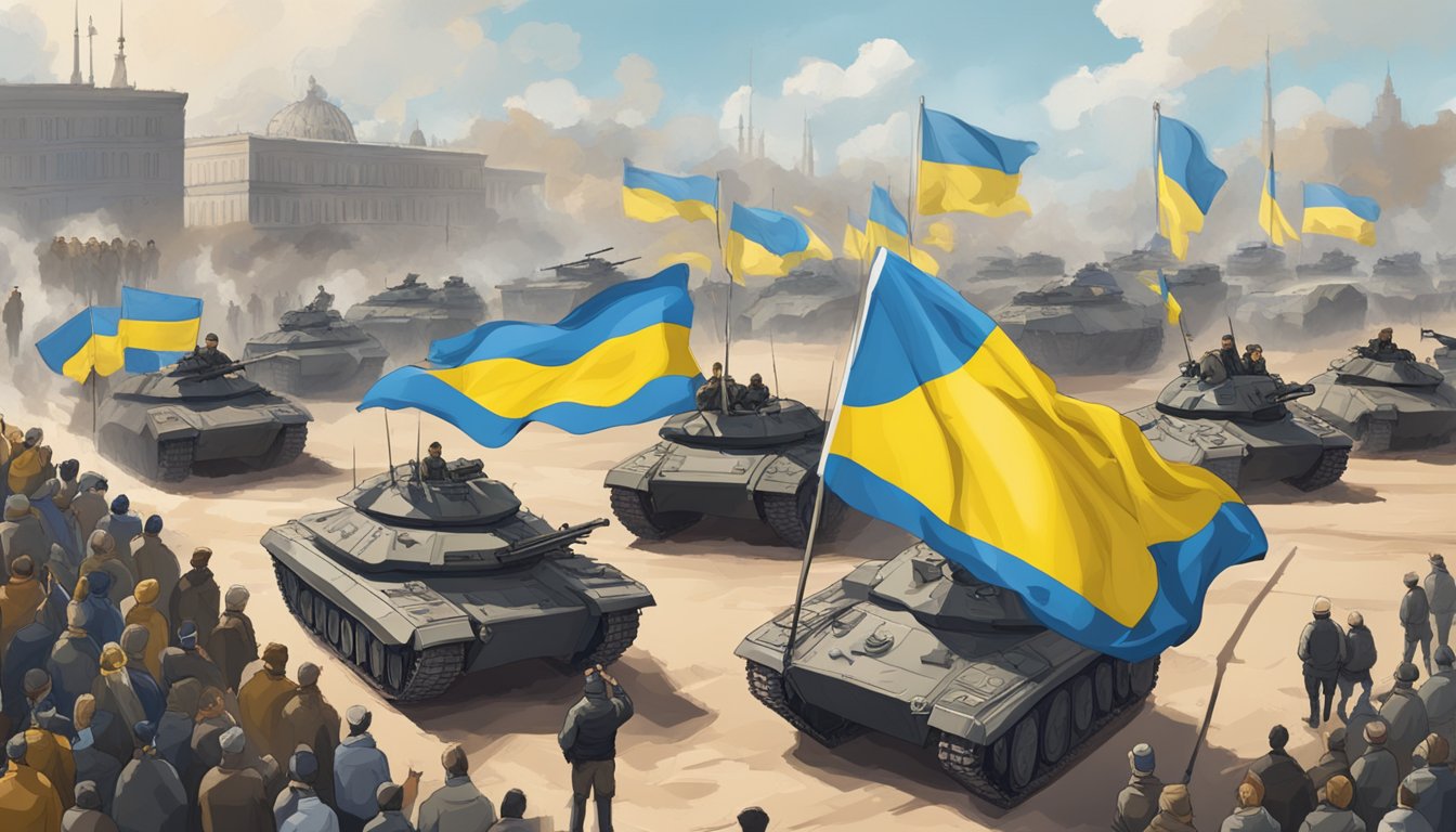 A Ukrainian flag flies defiantly in front of a row of armored vehicles, while a group of people stand in solidarity, holding signs and banners in support of Ukraine