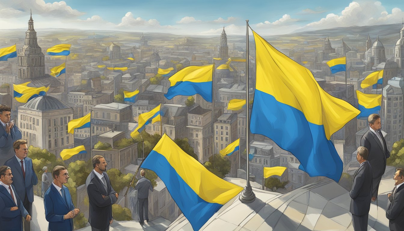 Oakley symbolically supports Ukraine with a flag flying high above a bustling city, while politicians engage in diplomatic discussions