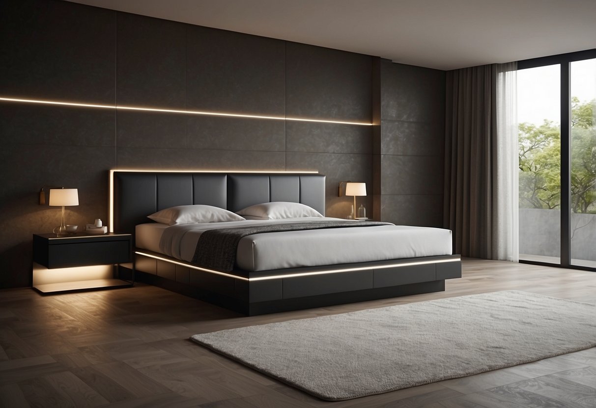 A sleek, modern bed table with clean lines and a minimalist design. It features a functional drawer and a smooth, sturdy surface for holding items