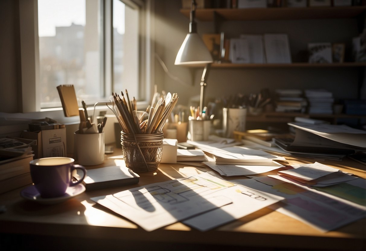 A cluttered desk with sketches, color swatches, and packaging samples. Bright light streams in through a window, casting shadows on the chaotic workspace