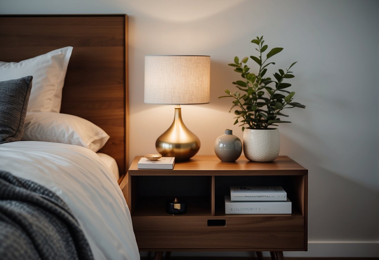 A modern bedside table with clean lines and a sleek design sits next to a comfortable bed, adorned with a stylish lamp and a few carefully chosen decorative items