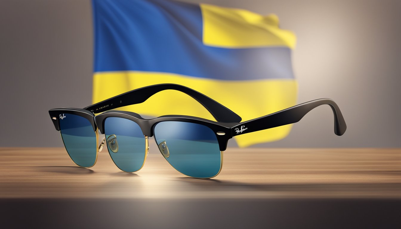 A Ray-Ban sunglasses display with a Ukrainian flag on a table