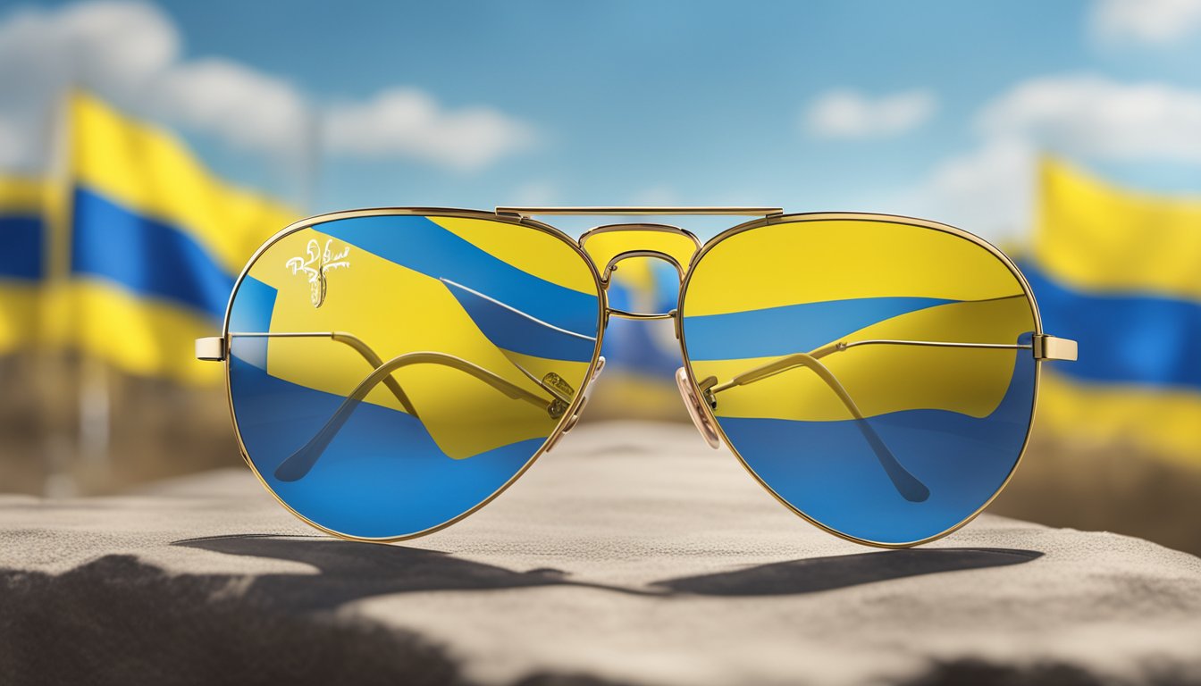 Ray-Ban's iconic aviator sunglasses stand against a backdrop of the Ukrainian flag, symbolizing support for Ukraine