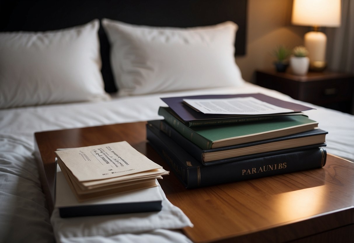 A bed with a table next to it, displaying a stack of frequently asked questions pamphlets on top of the furniture