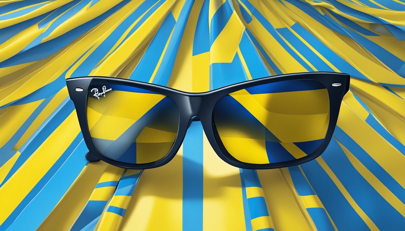 A pair of Ray-Ban sunglasses with the colors of the Ukrainian flag draped over them, set against a background of the Ukrainian flag