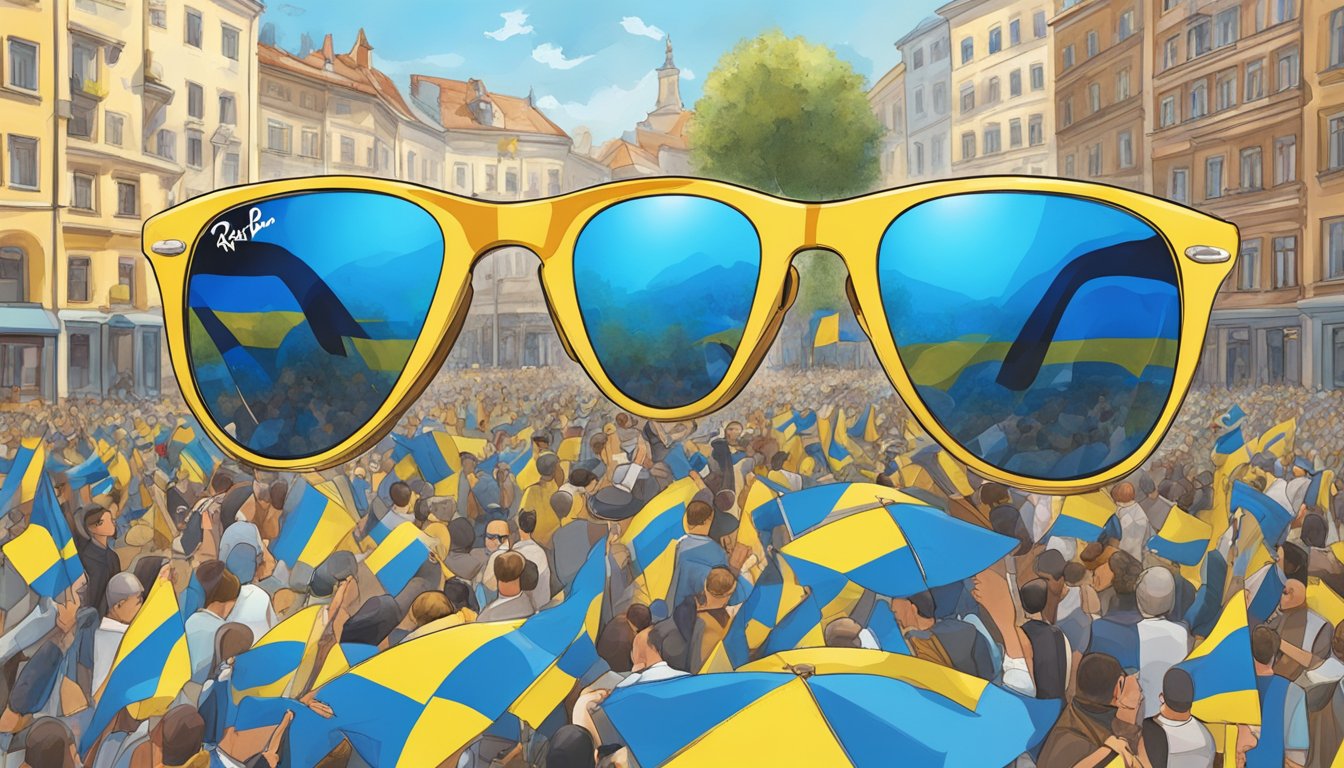 Ray-Ban sunglasses with Ukrainian flag colors in a crowded city square