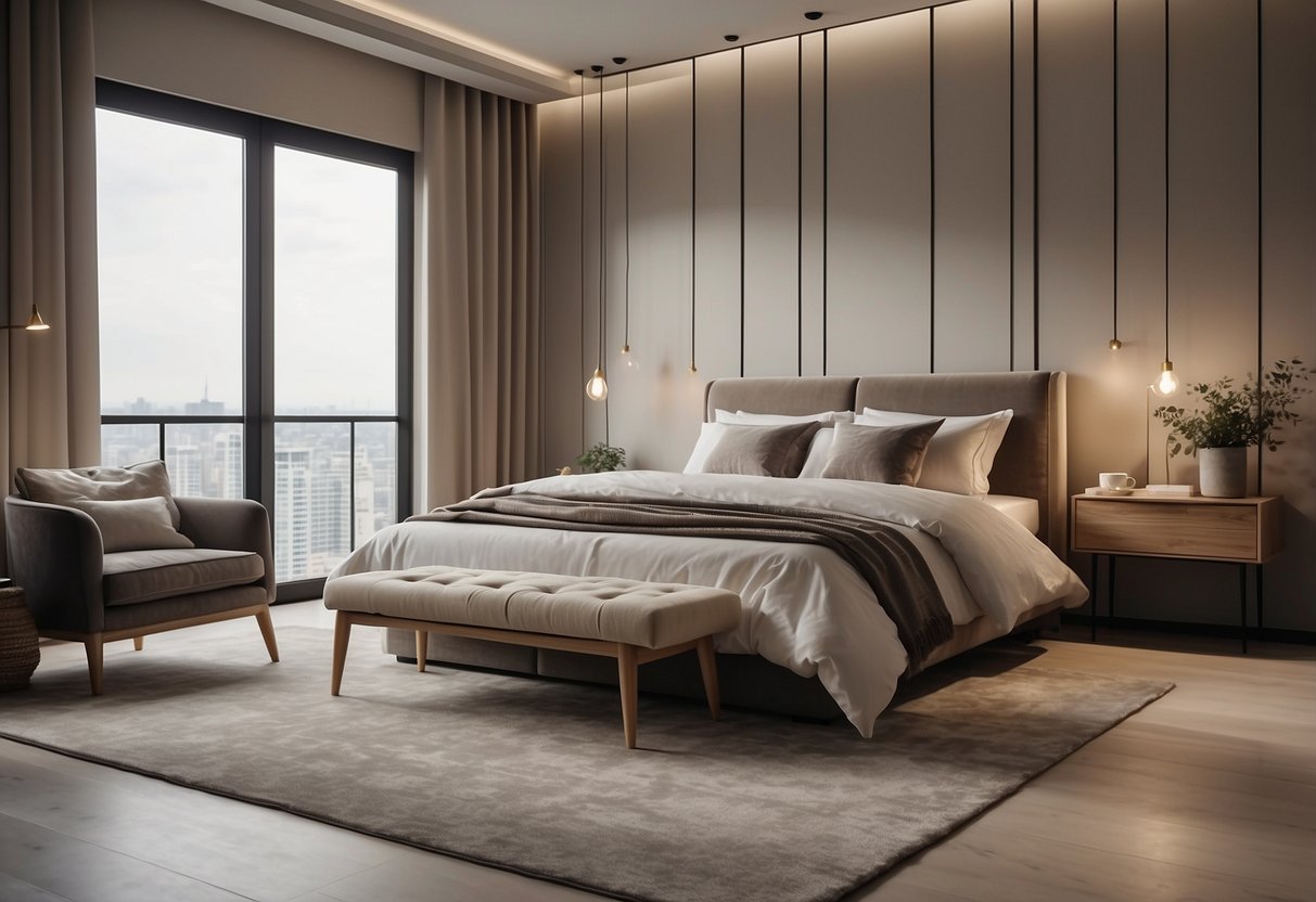 A spacious bedroom with a cozy bed, stylish bedside tables, and a matching wardrobe. Soft lighting and neutral tones create a relaxing ambiance