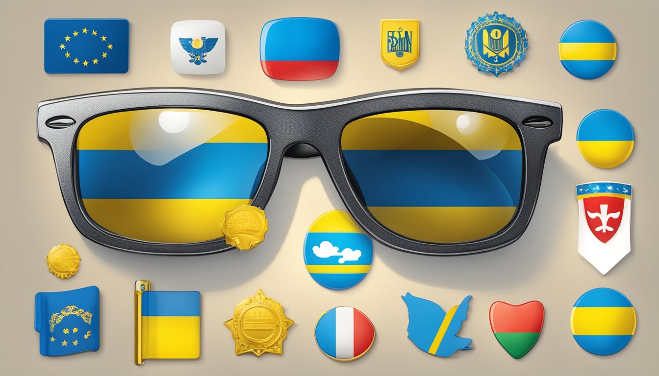 Ray-Ban logo with Ukrainian flag, social media icons, and communication symbols