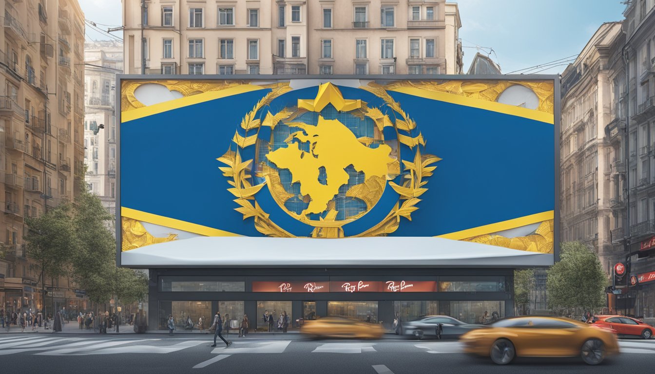 Ray-Ban logo displayed on a billboard in a bustling city, with Ukraine flag in the background