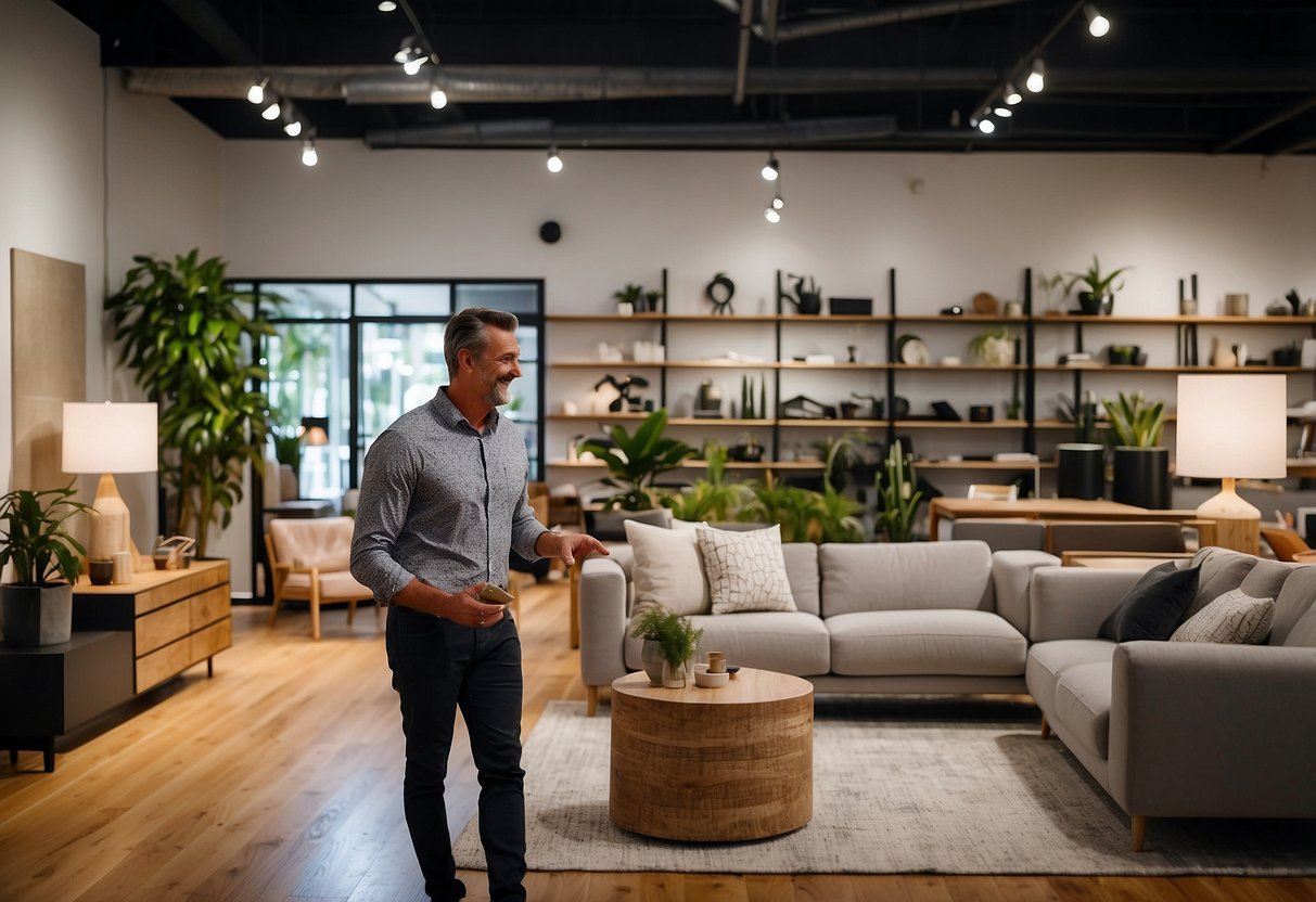 A customer browsing through a showroom of modern and stylish furniture at Bedshed, with friendly staff assisting and offering personalized service