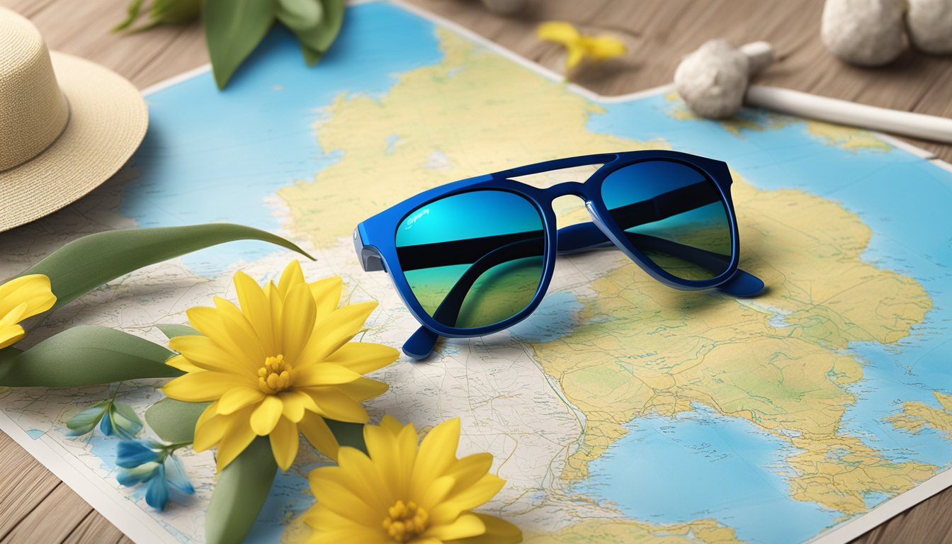 A sunny beach with a pair of Maui Jim sunglasses laying on a map of Ukraine, surrounded by blue and yellow flowers