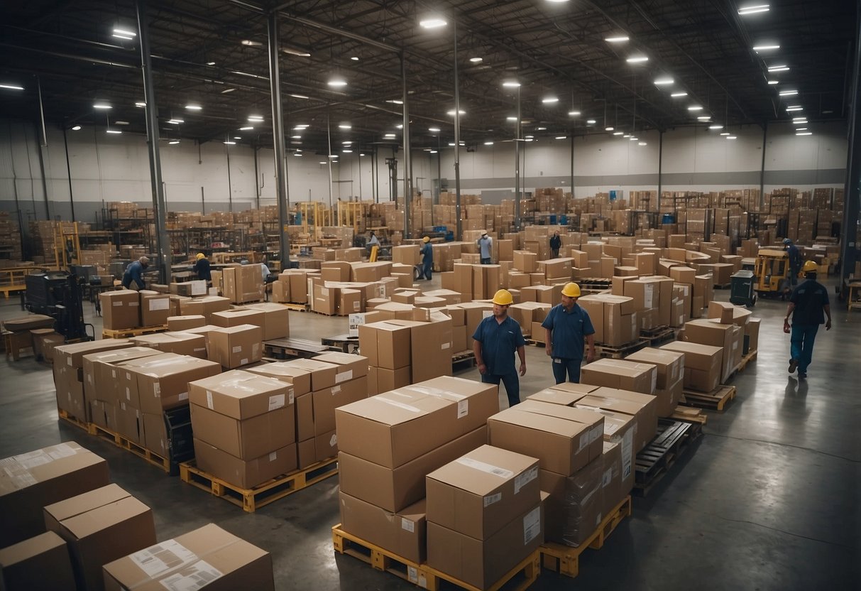 A sprawling warehouse filled with towering shelves of furniture, bustling with workers transporting and organizing the massive inventory