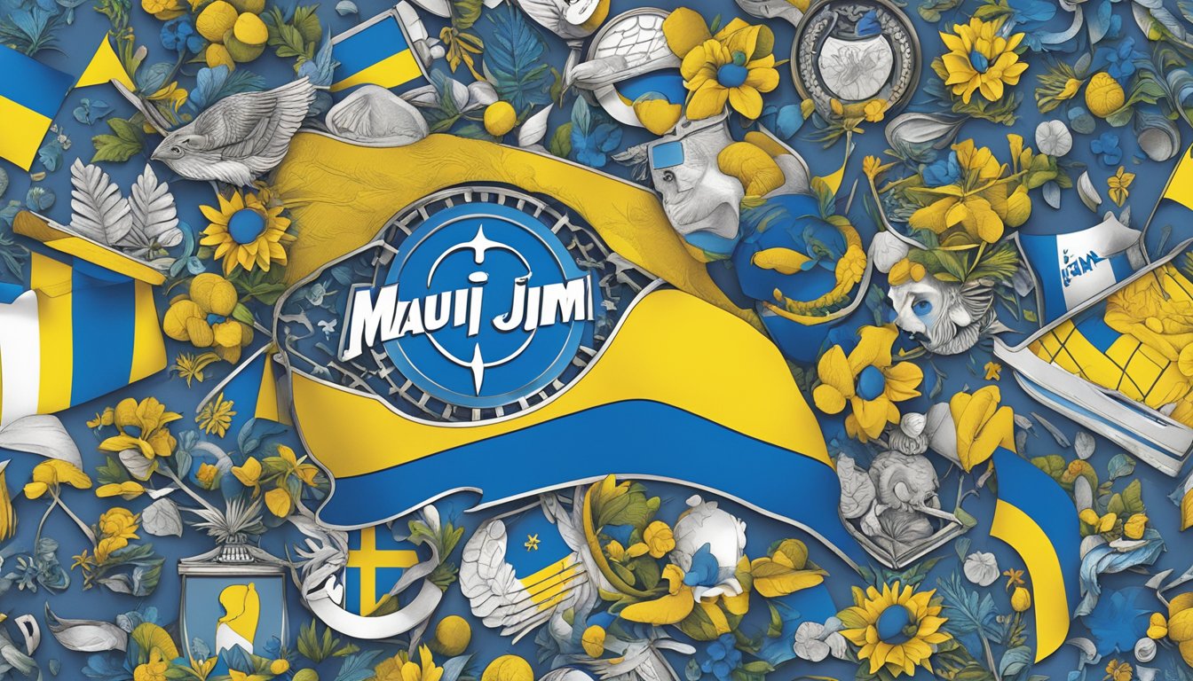 Maui Jim's logo surrounded by symbols of social issues, with a spotlight on Ukraine's flag