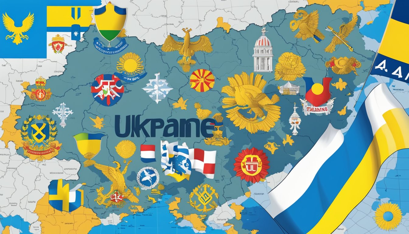 A map of Ukraine with a bold "Support Ukraine" text, surrounded by conflicting symbols and flags