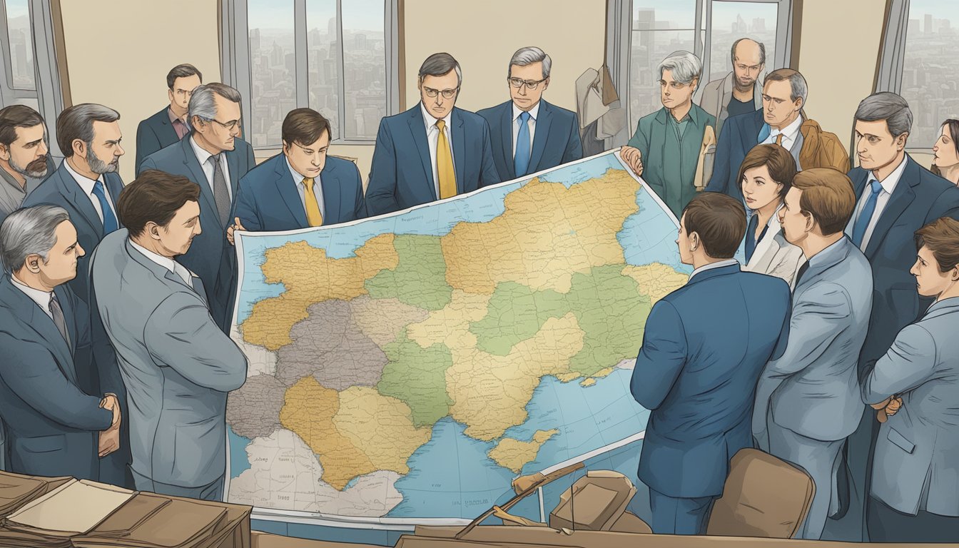 A group of corporate representatives gather around a map of Ukraine, discussing support options. The room is filled with tension and concern