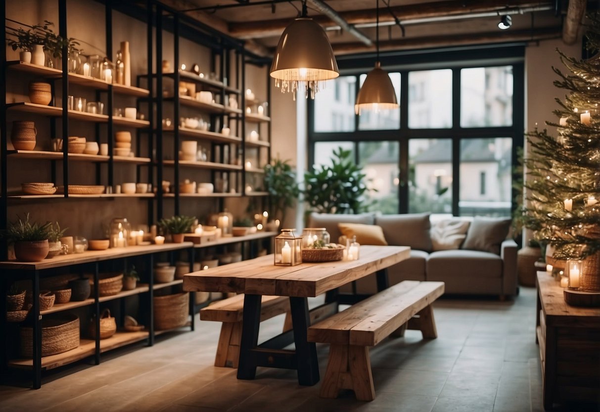 A cozy bottega furniture shop with wooden tables, shelves of artisanal home decor, and warm lighting