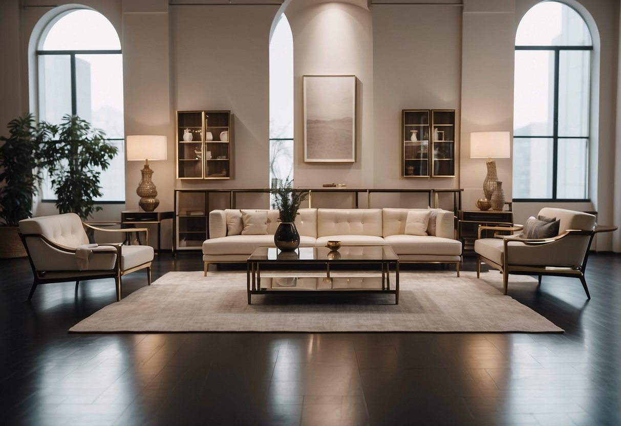 A spacious showroom with modern and vintage furniture displayed. Bright lighting highlights the sleek lines and elegant designs of the Bottega furniture pieces