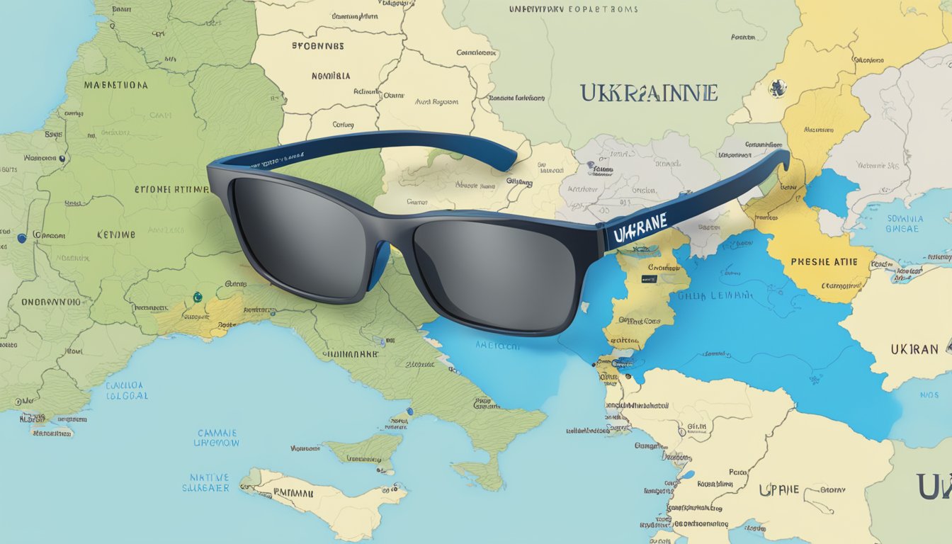 A map of Ukraine with a prominent Native Eyewear logo and a supportive message displayed on a digital screen