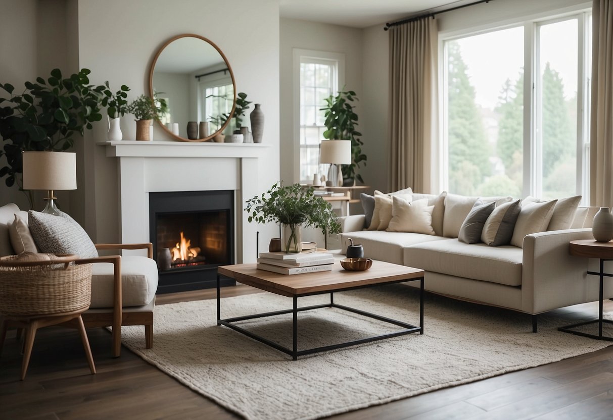 A cozy living room with sleek, modern furniture and elegant decor. Soft, neutral colors and clean lines create a harmonious and inviting space