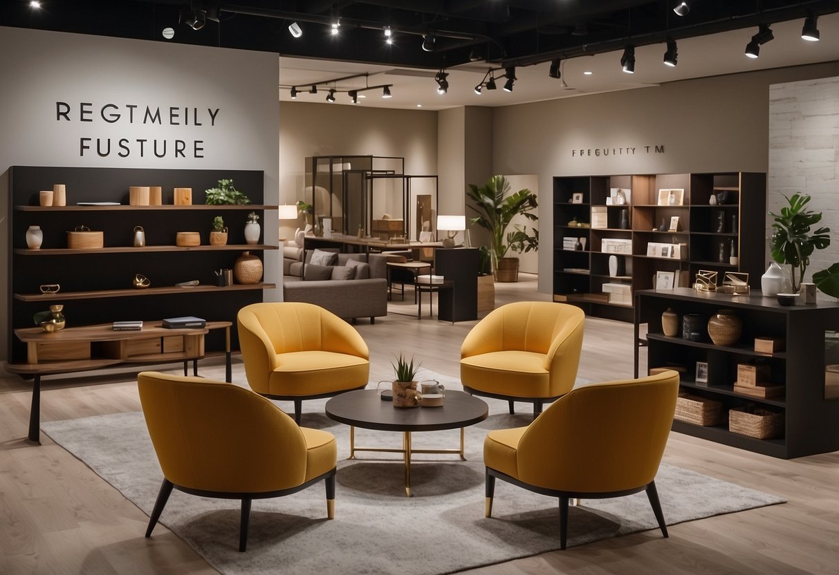 A modern furniture showroom with shelves of neatly displayed items and a sign reading "Frequently Asked Questions bottega furniture" above a customer service desk