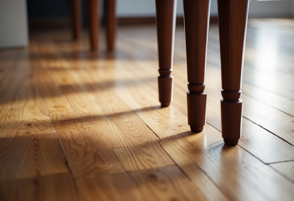 Four wooden cabinet furniture legs standing on a polished hardwood floor