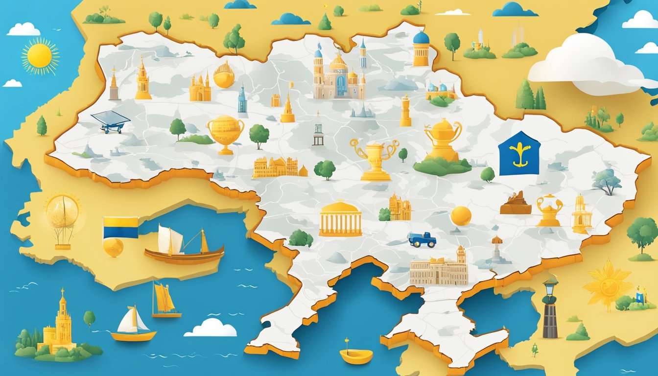 A map of Ukraine with a spotlight on it, surrounded by symbols of support such as a heart, a helping hand, and a globe