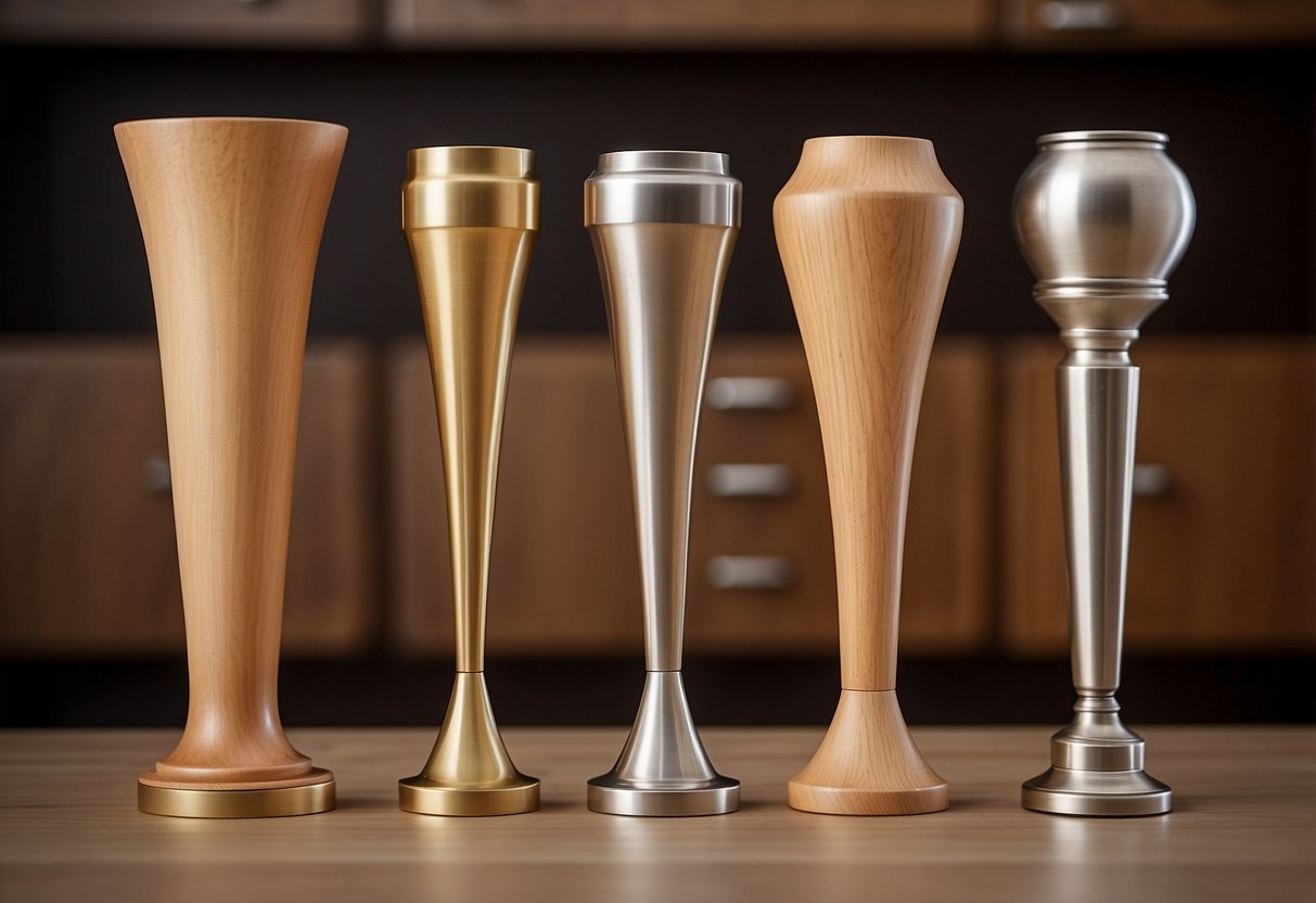 Various types of cabinet furniture legs arranged in a row, including tapered, turned, and bun styles. Different sizes and materials are shown, such as wood and metal
