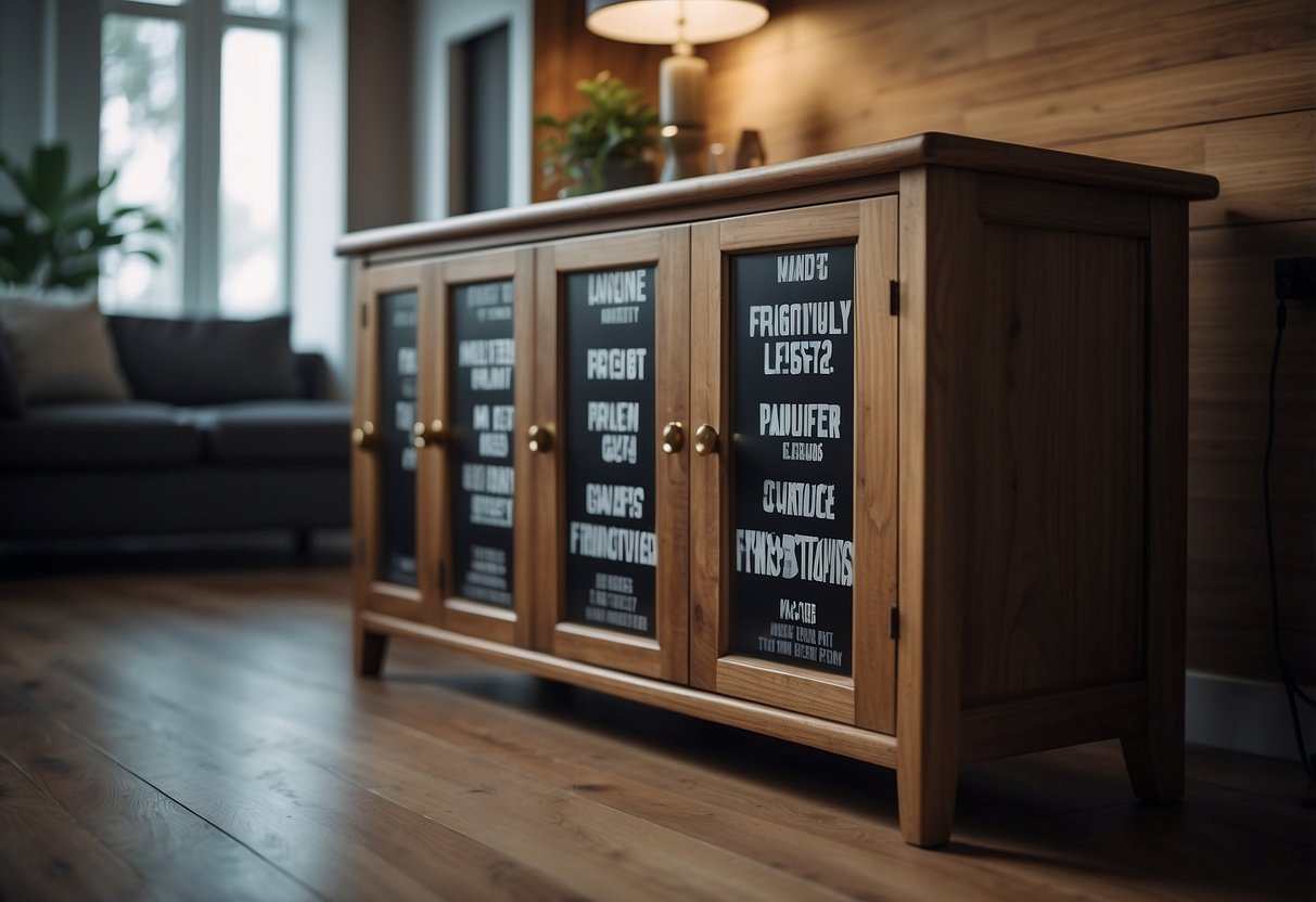 A cabinet with "Frequently Asked Questions" printed on the front, supported by sturdy furniture legs